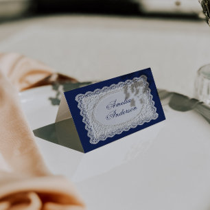 Vintage-Naviblau-Spitze-Hochzeitsplatzkarten Tischnummer