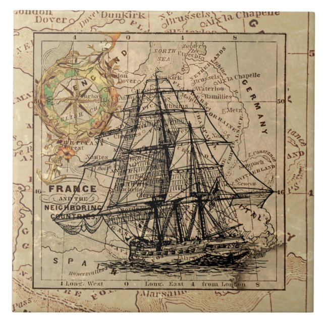 Vintage Navigationskarte des Schiffes Fliese (Vorderseite)