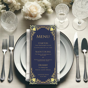 Vintage Navy Blau Faux Gold Elegante Hochzeit Menükarte