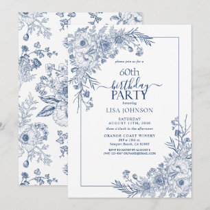 Vintage Navy Blau Florale Linienkunst 60. Geburtst Einladung