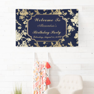 Vintage Navy Blau Gold Blumen 40. Geburtstag Banner