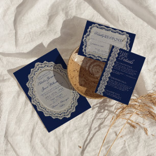 Vintage Navy Blau Spitze Doily Old Money Hochzeit Einladung