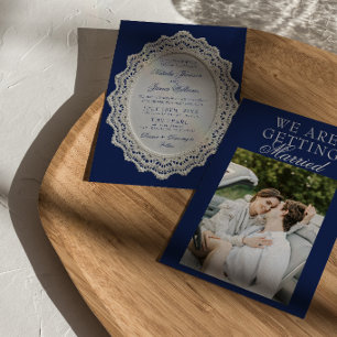 Vintage Navy Blau Spitze Old Money Foto Hochzeit Einladung