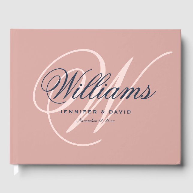 Vintage Navy Blue Blush Script Monogram Wedding Gästebuch (Vorderseite)
