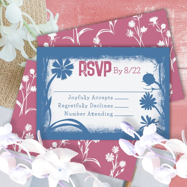 Vintage Navy Blue, Mauve Pink RSVP Card Hinweiskarte (blue floral wild flowers bat mitzvah rsvp response reply card for bat mitzvah party)