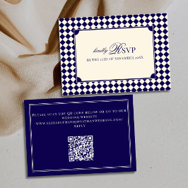 Vintage Navy Checkered Old Money QR Code Wedding RSVP Karte
