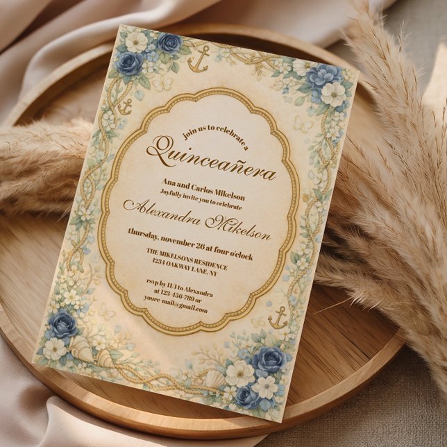 Vintage Navy Coastal Quinceañera Einladung (Von Creator hochgeladen)