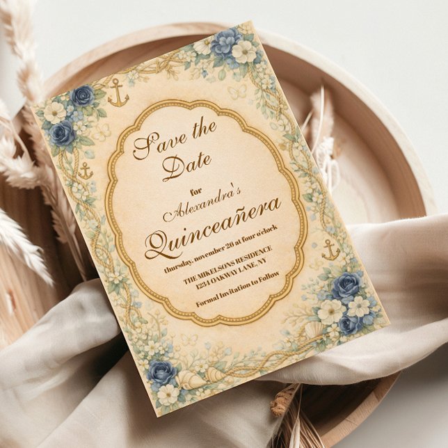 Vintage Navy Coastal Quinceañera Save The Date (Von Creator hochgeladen)