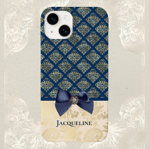 Vintage Navy Gold Damast-Look mit Schleife und Nam iPhone 14 Hülle