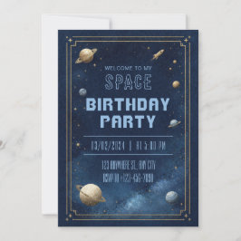 Vintage Navy Gold Stippled Planet Border Birthday Einladung