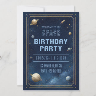 Vintage Navy Gold Stippled Planet Border Birthday Einladung
