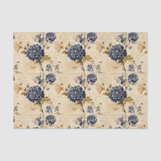 Vintage Navy & Ivory Blume Gewebpapier, elegant Seidenpapier (Vorderseite)