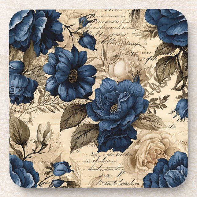 Vintage Navy & Ivory Blume Hochzeit Untersetzer (Vorderseite)