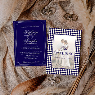 Vintage Navy Kariert Old Money Foto Hochzeit Einladung