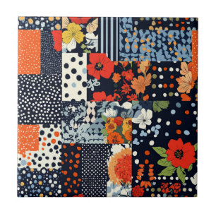 Vintage-Navy-Korallen-Blumen-Patchwork-Quilt Fliese