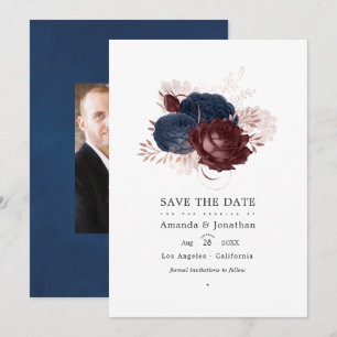 Vintage-Navy-, Marineburgund- und Roségold-Blumenh Save The Date