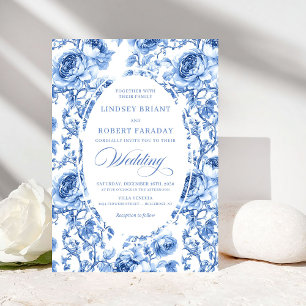 Vintage-Navy-Toile-de-Jouy-Rosen-romantische-Hochz Einladung