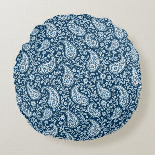 Vintage Navy und weißes florales Paisley Rundes Kissen