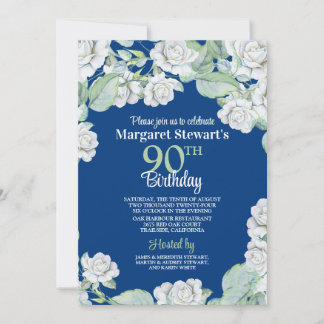 Vintage Navy White Roses 90. Geburtstag Einladung