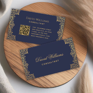 Vintage Navyblau Gold QR Code Elegant Antik Visitenkarte