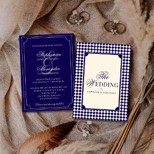 Vintage Navyblau kariert Old Money Hochzeit Einladung
