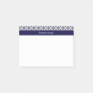 Vintage Navyblau mit Damast #3 Navy Namensmonogram Post-it Klebezettel