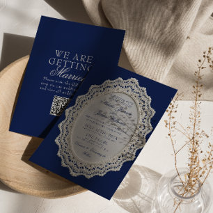 Vintage-Navyblau-Spitzen-Doily-QR-Code-Hochzeit Einladung