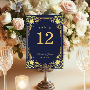 Vintage Navyblaue Faux-Gold-Elegant-Script-Hochzei Tischnummer