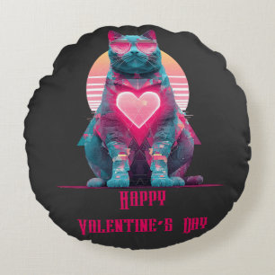 Vintage Neon-Katze zum Valentinstag Rundes Kissen