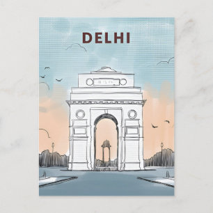 Vintage Neu-Delhi, Indien Reise Aquarell Retro Postkarte