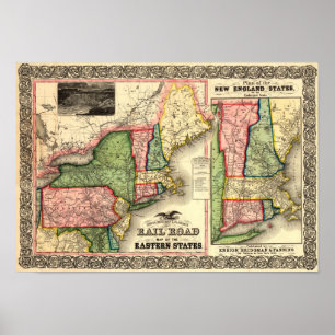 Vintage Neu-England Schienen-Karte 1856 Poster
