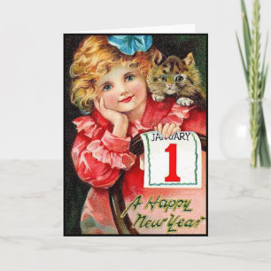 Vintage NeujahrsBriefmarke mit Young Girl and Cat Feiertagskarte