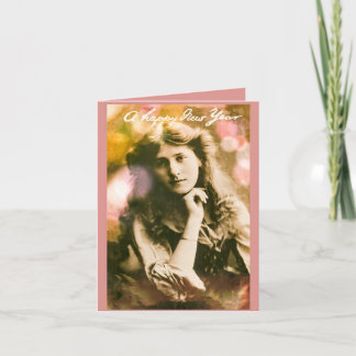 Vintage Neujahrsfrau in Rosa Karte