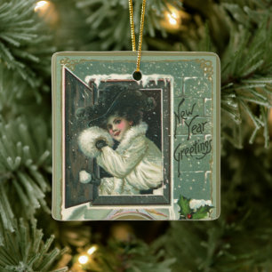 Vintage Neujahrsgrüße, viktorianisches Mädchen am Keramikornament
