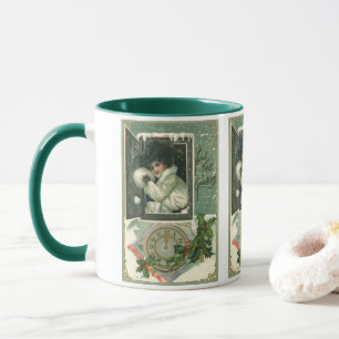Vintage Neujahrsgrüße, viktorianisches Mädchen am  Tasse