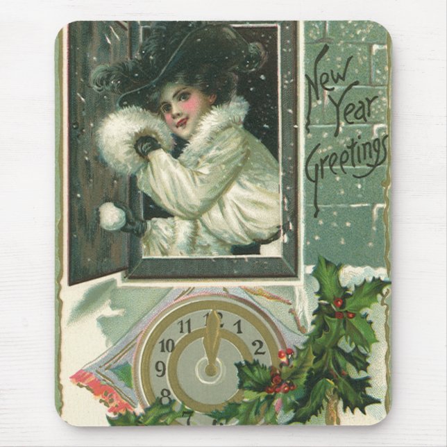 Vintage Neujahrsgrüße, Viktorianisches Mädchenfens Mousepad (Vorne)