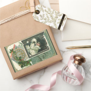 Vintage Neujahrsgrüße, Viktorianisches Mädchenfens Rechteckiger Aufkleber