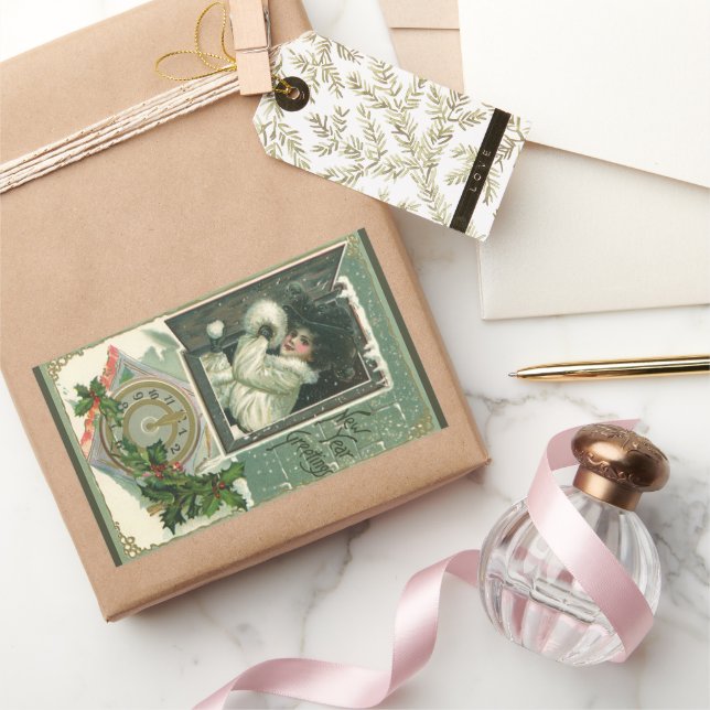 Vintage Neujahrsgrüße, Viktorianisches Mädchenfens Rechteckiger Aufkleber (Schenken)