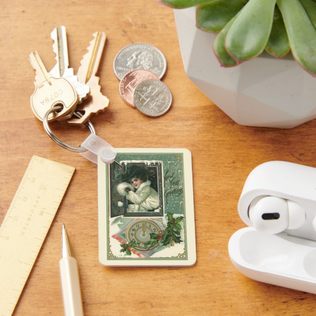 Vintage Neujahrsgrüße, Viktorianisches Mädchenfens Schlüsselanhänger (Schreibtisch)