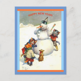 Vintage Neujahrskatzen Einen wunderbaren Schneeman Postkarte
