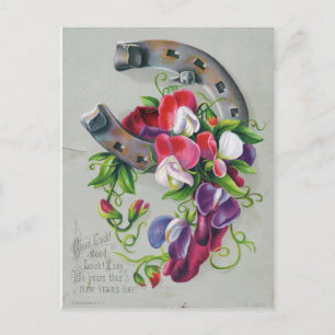 Vintage Neujahrstag Hufeisen und Blumen Postkarte