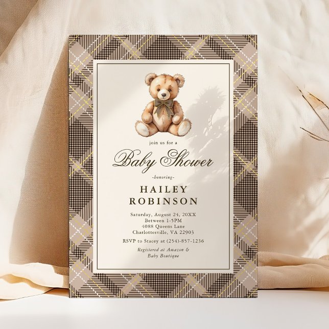 Vintage Neutral Plaid Teddy Bear Baby Shower Einladung (Von Creator hochgeladen)
