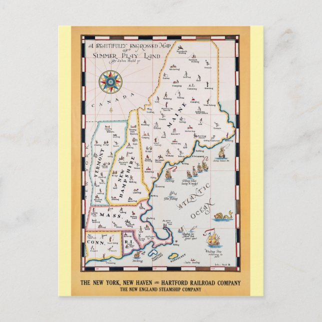 Vintage New England Map Sommerreise Postkarte (Vorderseite)