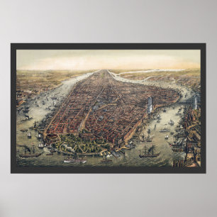 Vintage New York City, Manhattan, Brooklyn Bridge Poster