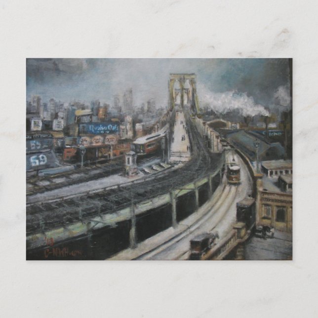 Vintage New Yorker Stadtmalerei Brooklyn Bridge Postkarte (Vorderseite)