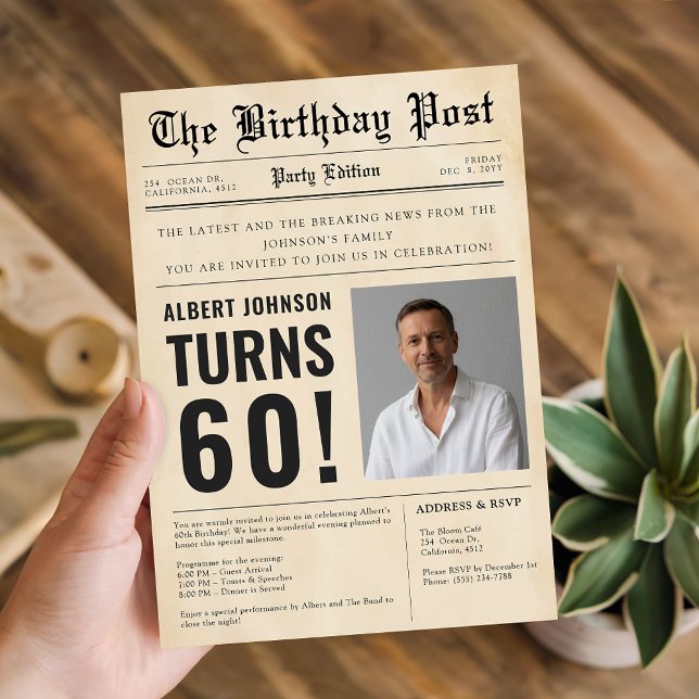 Vintage Newspaper 60th Milestone Birthday Photo Einladung (Von Creator hochgeladen)