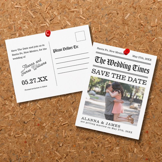 Vintage Newspaper Headline Photo Save the Date Postkarte (Newspaper-style Save the Date postcard with vintage typography and romantic photo layout.)