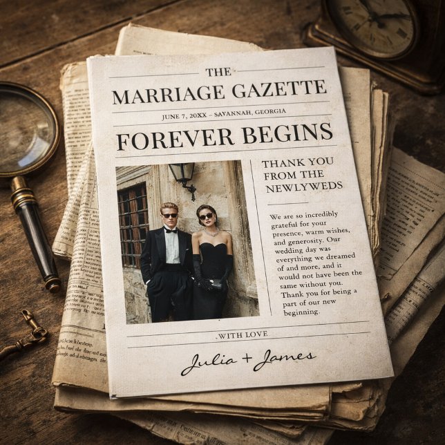 Vintage Newspaper Wedding Photo Thank You Card Dankeskarte (Von Creator hochgeladen)