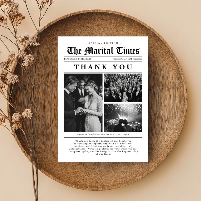 Vintage Newspaper Wedding Thank You Card Dankeskarte (Von Creator hochgeladen)