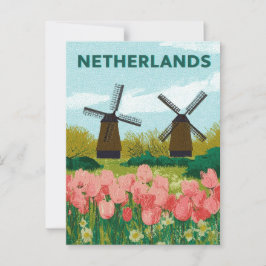 Vintage Niederlande Windmühlen Tulips Blume Travel Postkarte